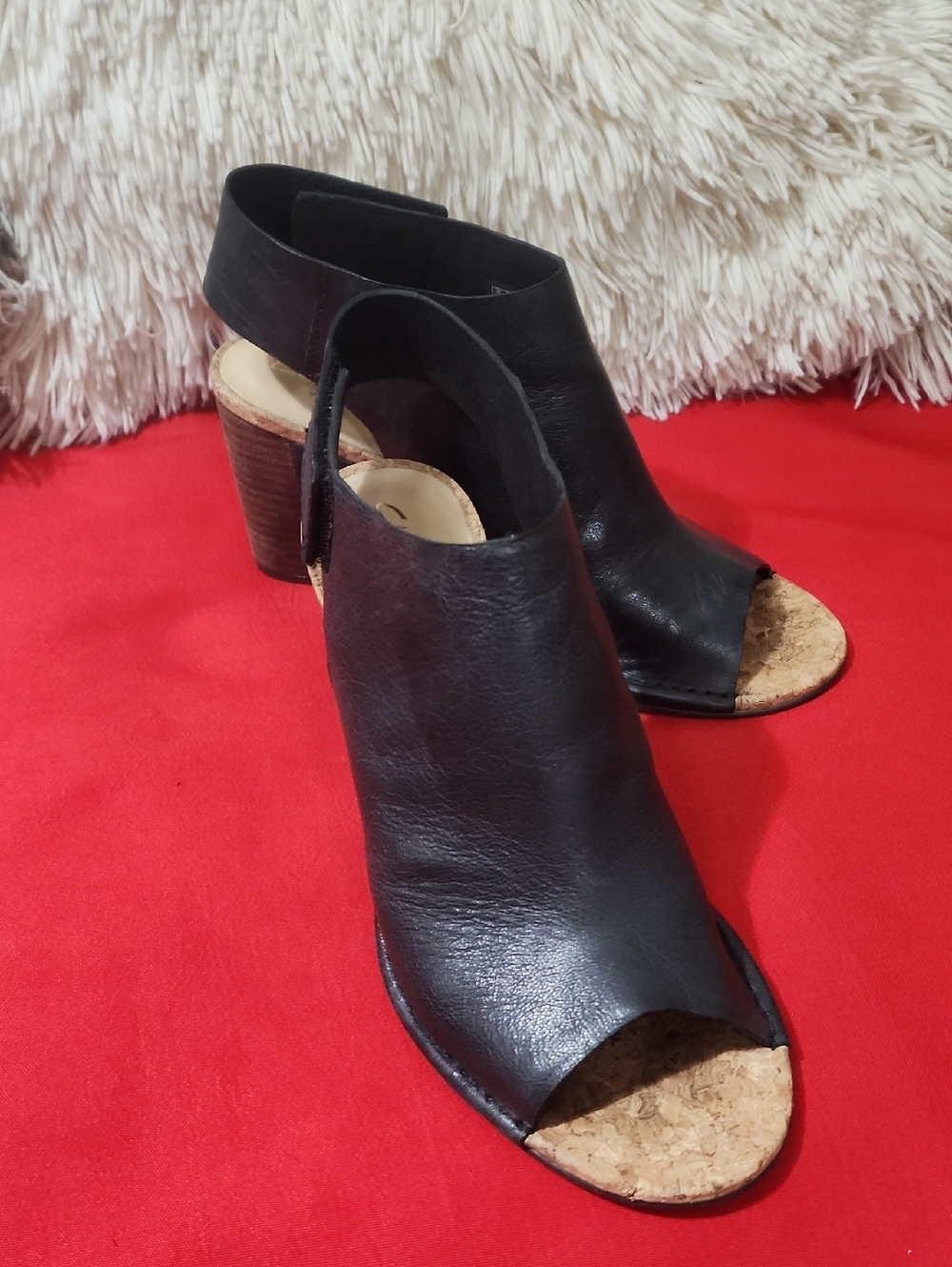 Clarks Cork Wedge Sandals Women Black Leather Peep Toe Ankle Strap - Picture 3 of 10